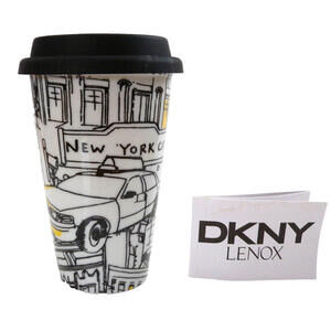 DKNY by Lenox "CITI TAXI" Coffee Travel Mug with Silicone Lid Black and White